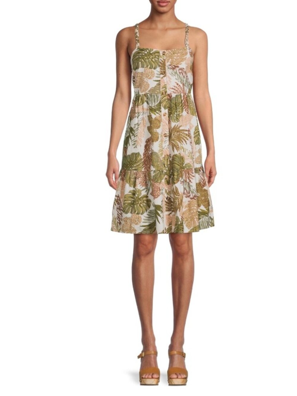 beachlunchlounge Tropical Leaf & Leopard Print Sundress in Green, Tan, White